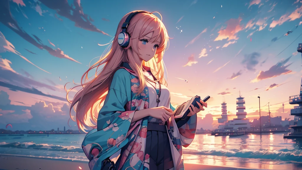 Woman wearing headphones, Anime Style 4 k, anime wallpaper 4k, anime wallpaper 4k, 4k anime wallpaper, anime art wallpaper 4k, anime art wallpaper 4k, Anime Style. 8K, Anime atmosphere, , Ultra HD Anime Wallpaper, Anime Art Wallpaper 8K, Anime Background,landscape、far away、music、noon、Ocean