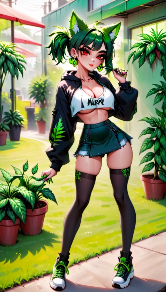   , Croped, , cleavage, slim waist, cropped hoodie underboob, cropped hoodieunderboobhoodie, 1girl, 2 wolf ears, wolf tail, marijuana crop hoodie, crop shorts, marijuana hoodie, spiky hair, spiky fur, green hair, red eyes,marijuana field, tight clothes, perfect eyes, perfect hands, clear resolution, full body, cleavage skin, marijuana plants, open hoodie, marijuana scenery, black thigh high socks, full body, earrings, 1girl, skirt,  cleavage, slim waist, cleavage, slim waist, hair pulled back, 