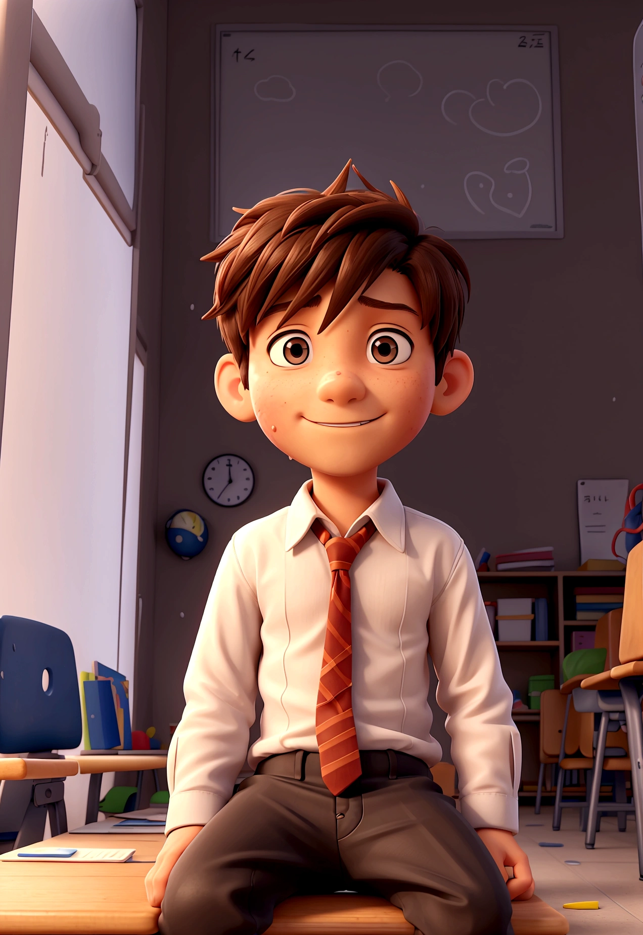 "Create a 3D anime image of a 9-year-old boy sitting at his desk in a classroom. He looks shocked and anxious as he notices his pants are wet. The classroom is lively with other students around, desks and chairs in disarray, and a chalkboard in the background. The boy's face should reflect a mix of fear and embarrassment, with his hands on his lap trying to cover the wet spot."
