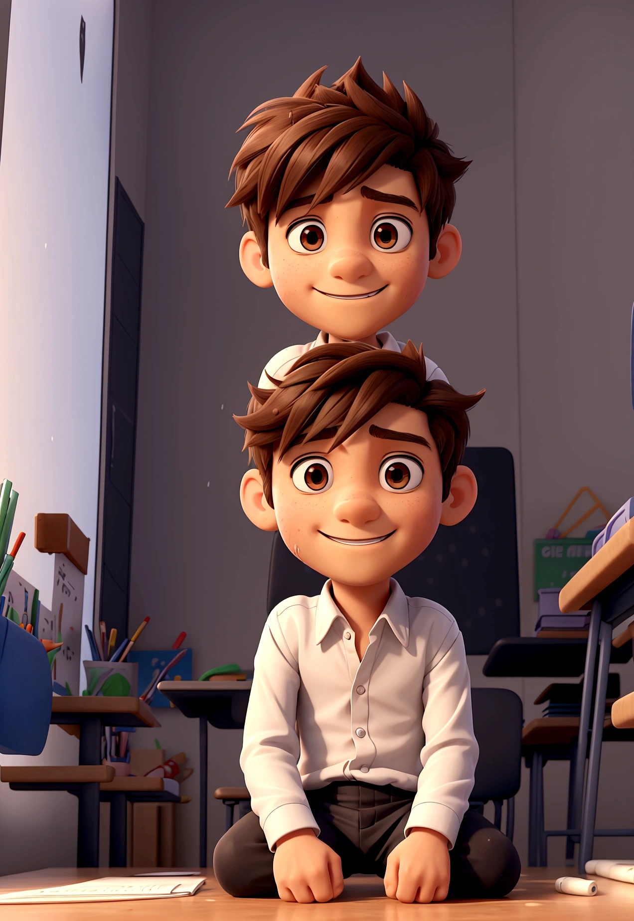 "Create a 3D anime image of a 9--old sitting at his desk in a classroom. He looks shocked and anxious as he notices his pants are wet. The classroom is lively with other students around, desks and chairs in disarray, and a chalkboard in the background. The boy's face should reflect a mix of fear and embarrassment, with his hands on his lap trying to cover the wet spot."