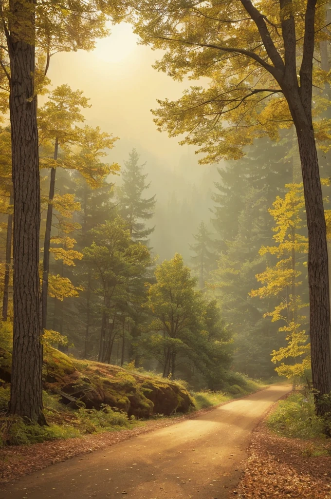 Create a vintage-style illustration featuring a serene forest scene. The design should have tall, dark evergreen trees arranged in a staggered pattern, with a weathered texture that gives a rustic, worn look. The background should be a muted, off-white color. Include a bright, orange-red sun in the top right corner, partially hidden by the trees, to add contrast and warmth to the scene. At the bottom of the image, place a small, detailed fox sitting calmly, looking towards the viewer. The overall style should evoke a sense of tranquility and nostalgia