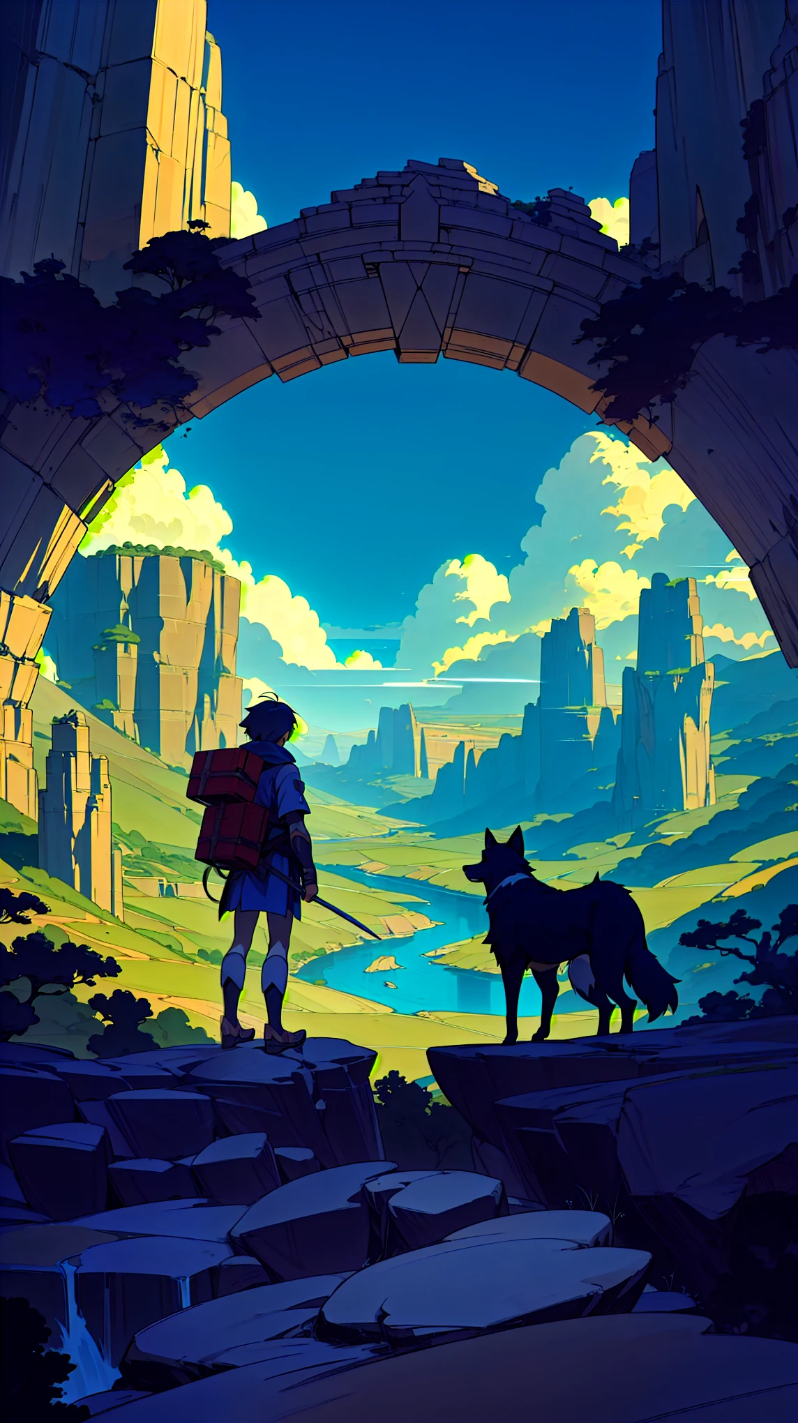 A lone traveler boy with their faithful dog stands under an immense natural stone archway, overlooking an expansive valley with meandering rivers and towering cliffs, under a clear blue sky, abasterpiece)), ((best quality)), ultra detailed,((illustration)), dynamic angle, detailed light, (ahoge:0.8),apathy, ray,frontage,style of anime4 k, 4k anime wallpaper, badass anime 8 k, 4 k comic wallpaper