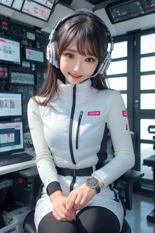 masterpiece, Highest quality, Very detailed, 8K Portrait,Japanese Android Girl,plump , Control panel,Robotic arms and legs, Blunt bangs,,break (Metallic Gray, Metallic luster, Mirror finish, Astro Best):5,headphone:5,break (Black sleeves):100,Smart Watches,Futuristic space station,Control Room,break headphone,blue eyes,(Black Hair):2,(Long Hair):1.3,Displaying the viewer,(respirator),break blush:3,Hidden Hand,smile