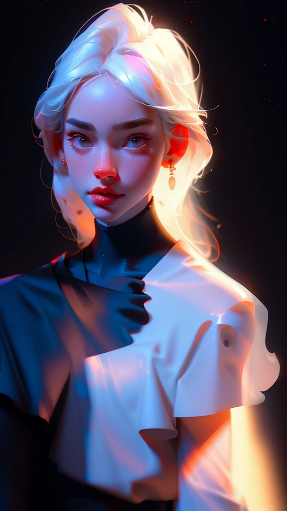 hyper-realistic illustration of the highest quality, The perfect masterpiece, perfect work of art, 8k, (Upper body portrait: 1.5), (((Viewed from the front: 1.2))), close-up lens, delicate face , white-haired woman,(hakuhatsu:1.3),long hair,raising arms(black background:1.3),dancer pose,bare chest dress,white dress,pearl illusion,cyberpunk,fashion trend,3s material, high definition,detailed rendering,c4d,3d,octane rendering,ray tracing,complex details,neon lights,animated lighting,OCRenderer,8k,
