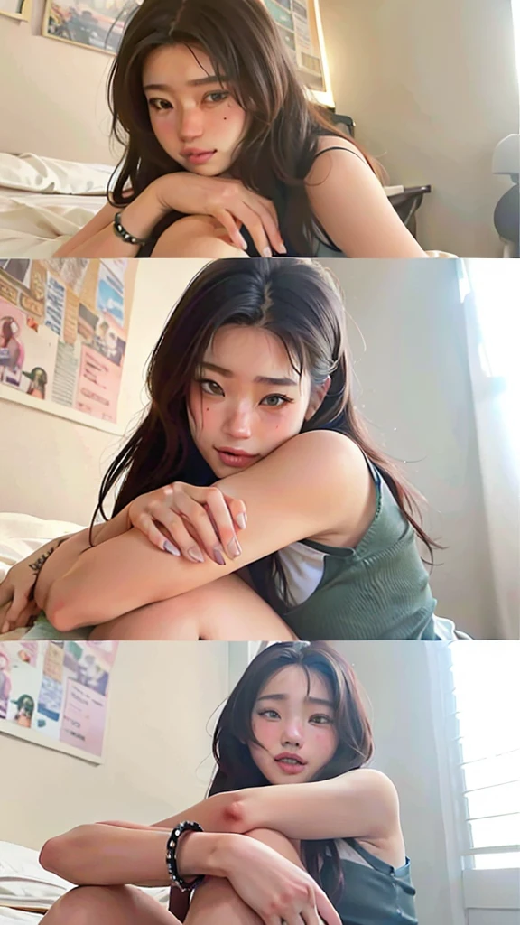 There are four pictures of a woman sitting on a bed, Anna Nikonova aka Newmilky, dilraba dilmurat, imagem de very low quality, 18-years old, instagram model, very low quality, very low quality, Poarch bonito, 2 female model, Kailee Mandel, sexy look at the camera, leaked image