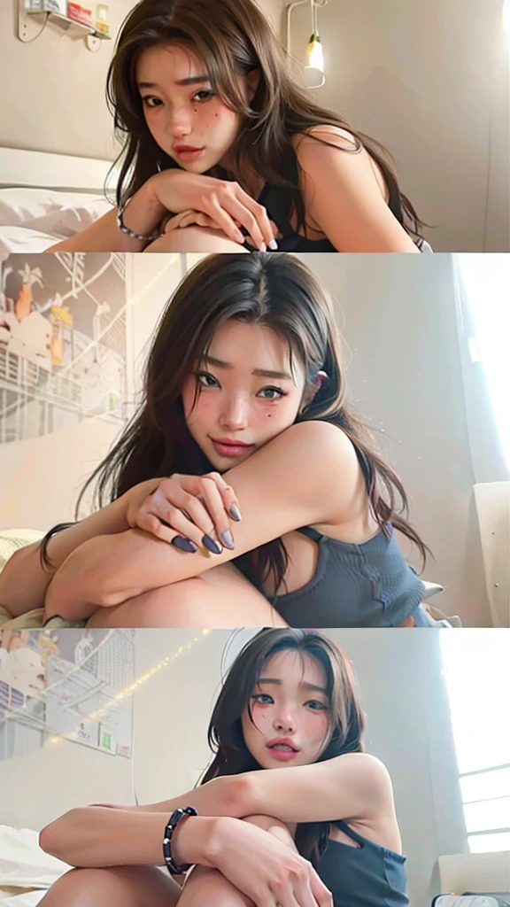There are four pictures of a woman sitting on a bed, Anna Nikonova aka Newmilky, dilraba dilmurat, imagem de very low quality, 18-years old, instagram model, very low quality, very low quality, Poarch bonito, 2 female model, Kailee Mandel, sexy look at the camera, leaked image