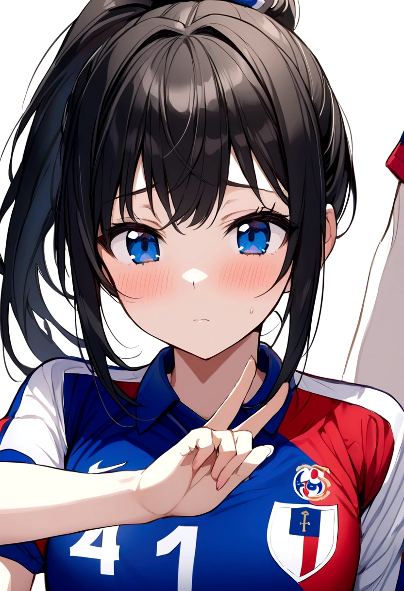 (anime ,2D) a female soccer player of average height ,clear skin,thin face ,blue eyes,black hair with white highlights ,fringe,long,collected in a ponytail,france national team uniform,