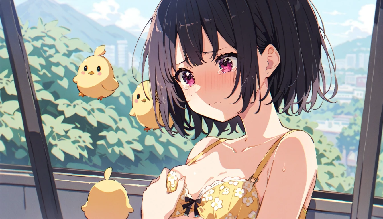 A girl with short black hair and small breasts wearing only a chick skirt and a floral bra on a train is crying in disgust as a molester touches her breasts over her bra.
