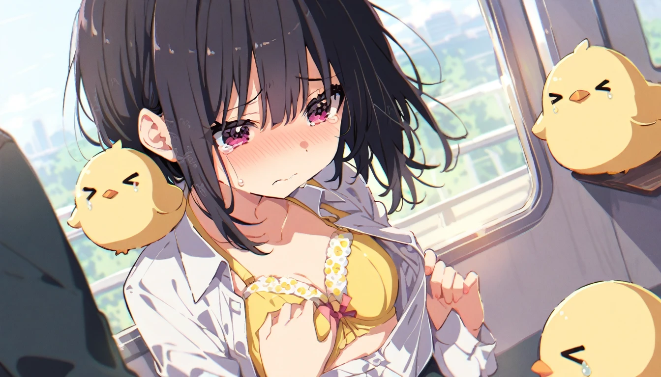 A girl with short black hair and small breasts wearing only a chick skirt and a floral bra on a train is crying in disgust as a molester touches her breasts over her bra.