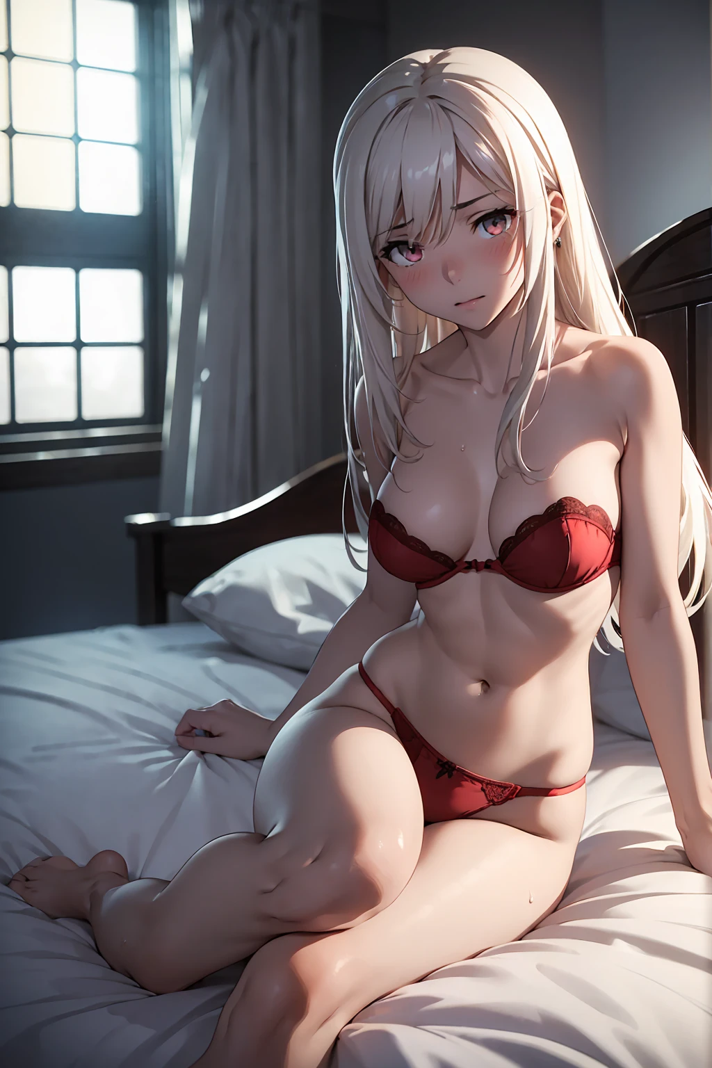 Browsing Caution (Highest quality:1.5, High resolution, 超High resolution, 4K, Detailed lighting, Shaders)(masterpiece:1.2), Very detailed, destiny/Background of the stay, indoor, Illyasviel von Einzbern alone, Cowboy Shot,Long Hair, Gray Hair, Red eyes, Red cute bra Red cute panties M-shaped feet Sexy look atmosphere Beautiful night view bedの上 超blush topless Completely naked, Spread your legs, Sheet, Lift your legs, nude, (pussyfocus:1.0) Sweat, Shiny skin, Heavy breathing, ( Sex, sexual intercourse, put in, Heterosexual, Motion Lines, Motion Blur, Talking Spirit:1.1), (Lie in, Lie in on your back, bed,Subjective:1.1)blush Pushed down Face distorted by pleasure Resisting Pleasure Blushing Wet nipples licked Overflowing body fluids Spurting of bodily fluids (( Close your eyes and lean back)) (((Ecstasy)))++