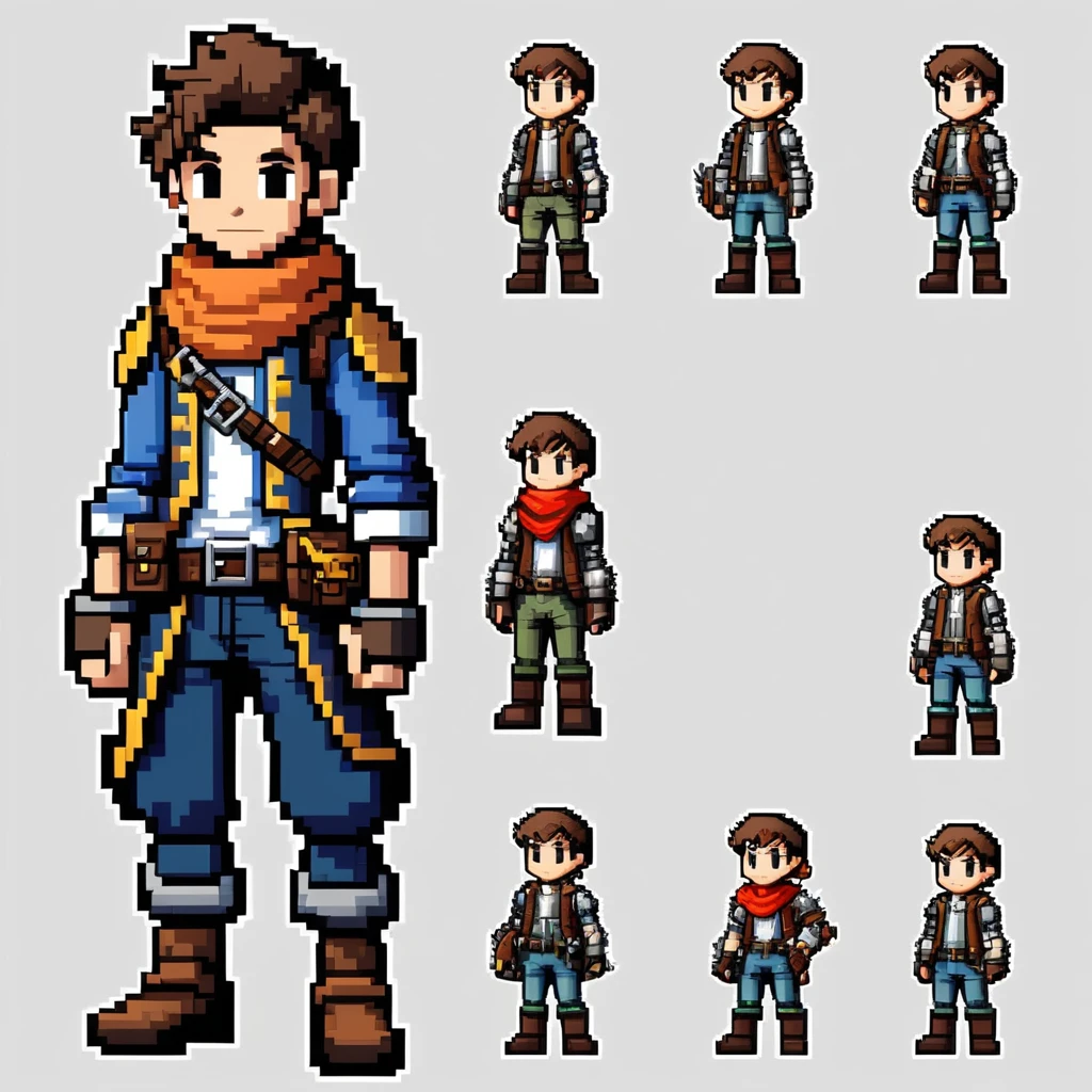 Pixel art,pixel art,Create an original character design sheet,main character of the game,boy,juvenile,adventurer's outfit,natural perm,musical instrument,bard,((3 views,whole body, background,multiple views,High resolution)),multiple views,multiple poses,Active,action pose,dynamic,nice,cute,masterpiece,highest quality,In detail,Gracefully,RPG,Famicom,Multiple characters,multiple outfits,Final Fantasy,boldly,