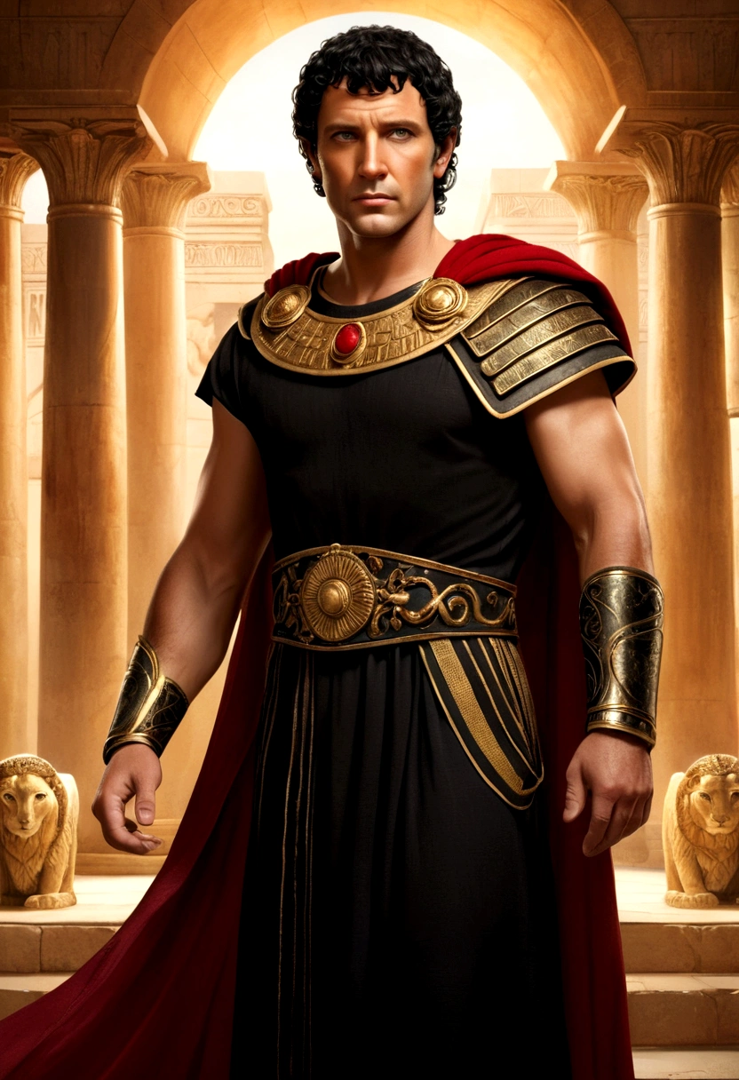 "Create an image featuring Cleopatra and Marc Antony. Cleopatra has a pale complexion and dark, straight hair. She is dressed in a sensual, elegant black gown with intricate details. The gown should be modern and striking, with a hint of classical elegance. Cleopatra's expression is warm and friendly. Marc Antony, around 35 years old, has a tall and strong build, with short, curly dark hair, and some age lines on his face to reflect maturity. He has a slightly rugged look with a short beard. He is dressed in traditional Roman military attire with a breastplate, red cape, and a laurel wreath on his head. His posture is relaxed, and his demeanor is friendly, indicating a close friendship. They are depicted in a luxurious setting with Roman architecture elements like marble columns and opulent decor. Use a warm, inviting color palette with golden and earthy tones."