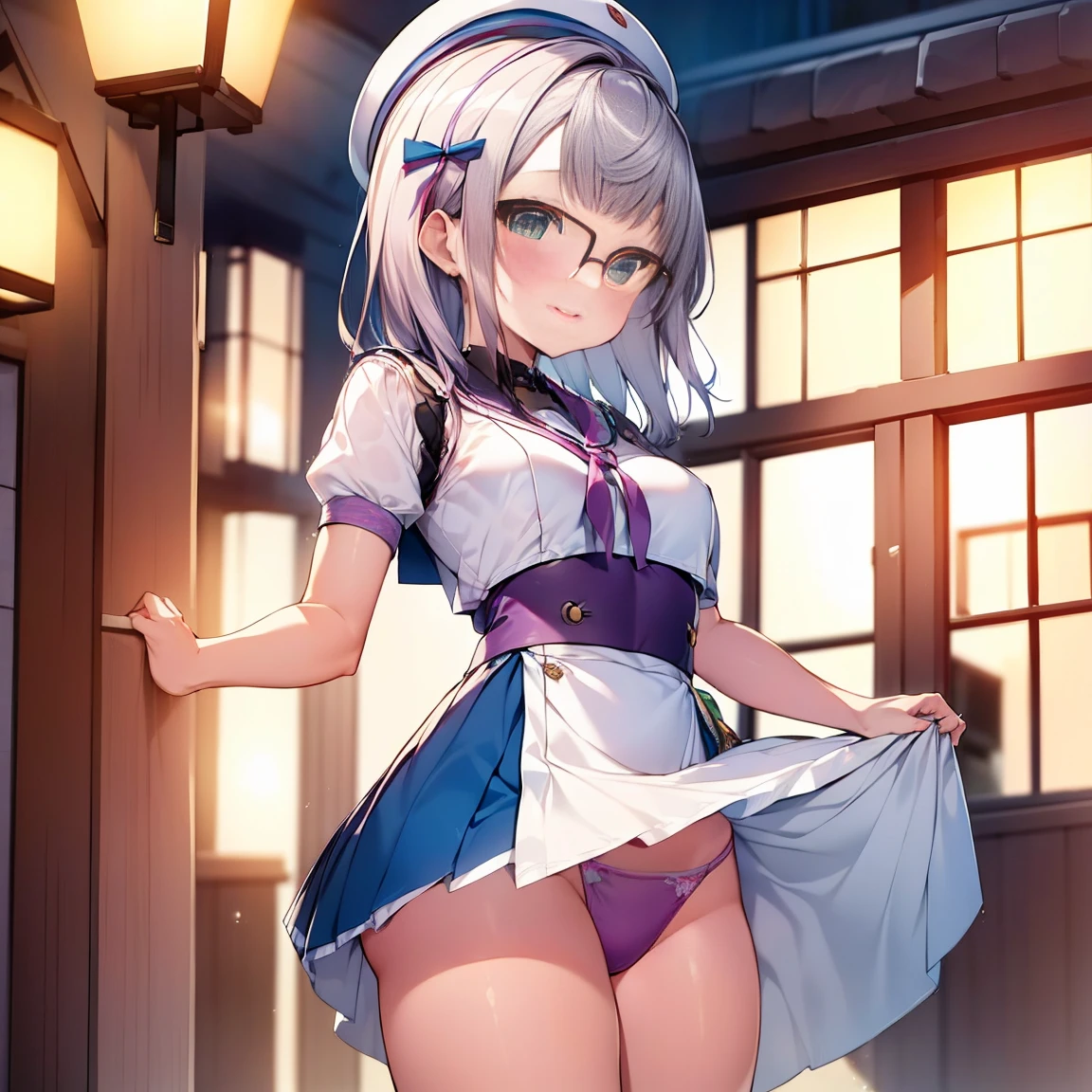 8K、masterpiece、Japanese、Woman wearing glasses、Neon(nod)、from the front、smile、Childish、Small breasts、See-through underwear、night、Bedroom、Show your underwear、mini skirt