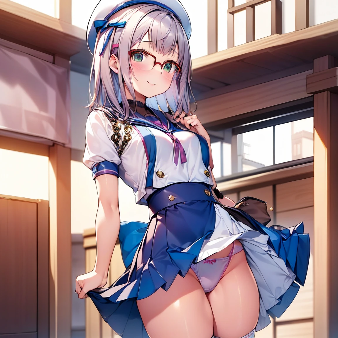 8K、masterpiece、Japanese、Woman wearing glasses、Neon(nod)、from the front、smile、ish、Small breasthrough underwear、night、Bedroom、Show your underwear、mini skirt
