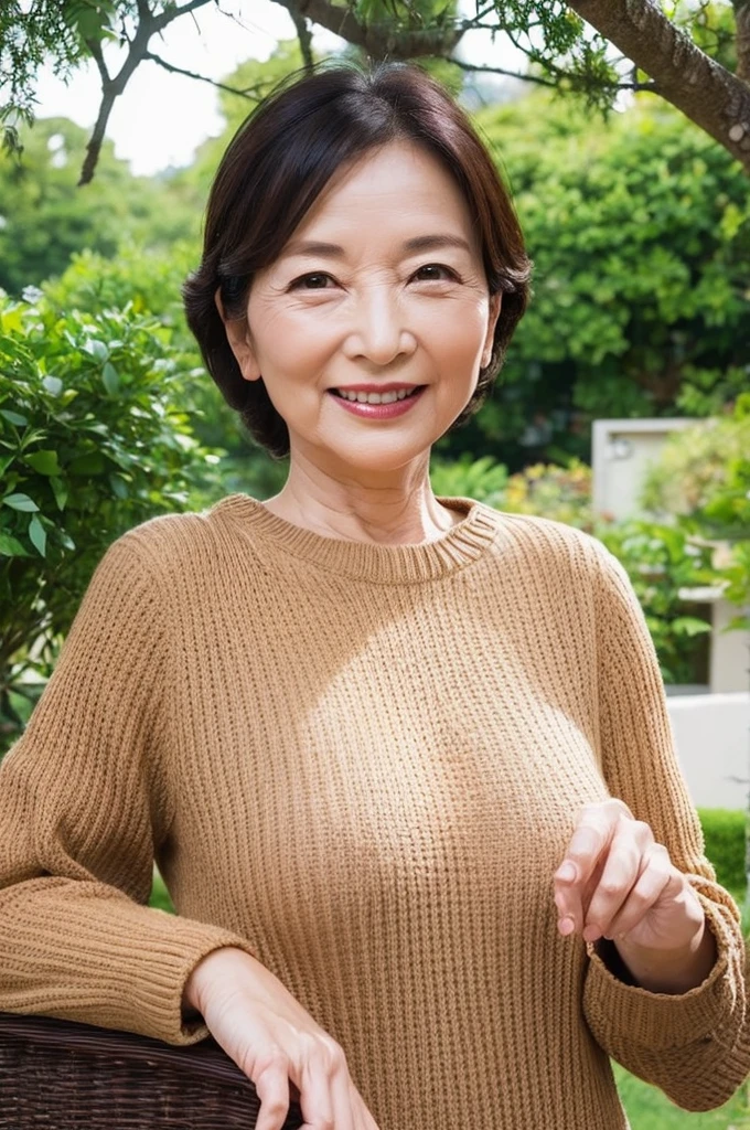 Create a high-resolution illustration of a beautiful mother in her 60s, Designed to express her elegance and elegance with the highest quality and photorealistic details。. She must embody age-appropriate mature beauty, With a bright smile and a warm feeling, Fascinating presence, Rendered with great attention to detail. Her outfit should reflect her sophisticated style, The perfect balance of sophistication and comfort, symbolizing a rich and fulfilling life.. The background should be of photographic quality and complement her persona, perhaps highlighting her nurturing spirit、Perhaps it depicts a cozy home or a peaceful outdoor environment.。. This illustration、As well as her physical beauty、Aims to show the depth of character and wisdom she has acquired。, Achieve a level of detail that makes your artwork indistinguishable from high-quality photographs.