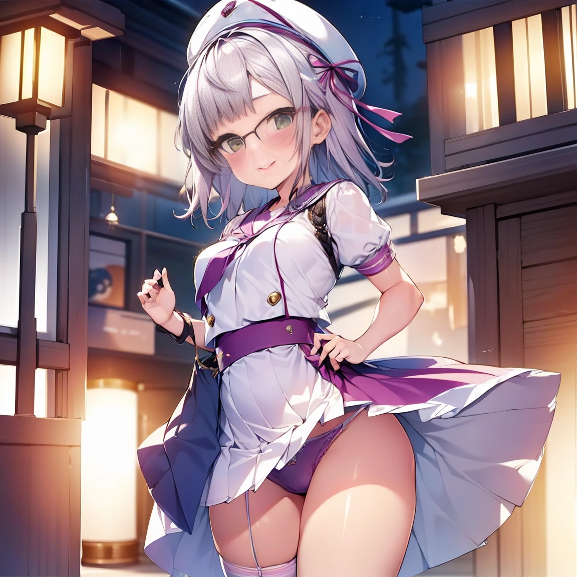 8K、masterpiece、Japanese、Woman wearing glasses、Neon(nod)、from the front、smile、ish、Small breasthrough underwear、night、Bedroom、Show your underwear、mini skirt