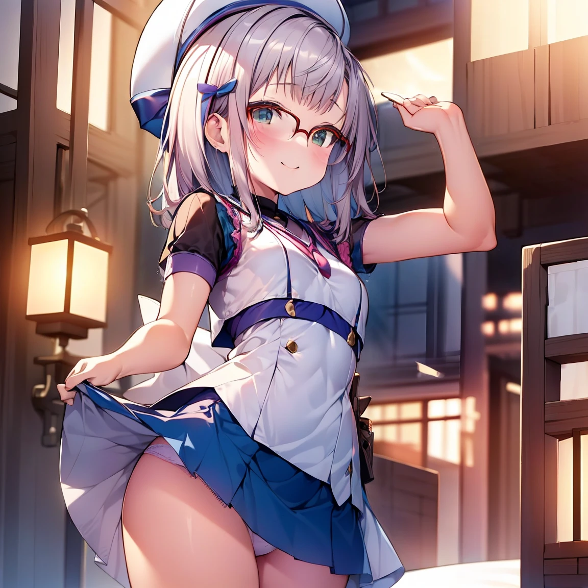 8K、masterpiece、Japanese、Woman wearing glasses、Neon（nod)、from the front、smile、Childish、Small breasts、See-through underwear、night、Bedroom、Show your underwear、mini skirt