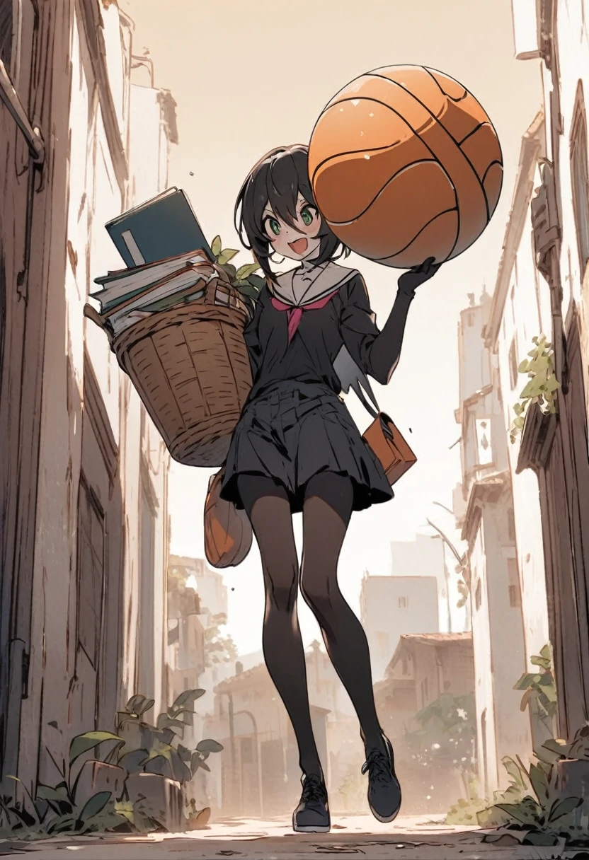 Spider Girl carrying a basket ball and a book 