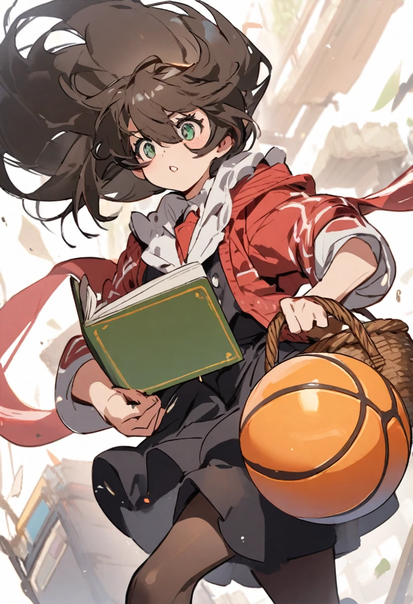 Spider Girl carrying a basket ball and a book