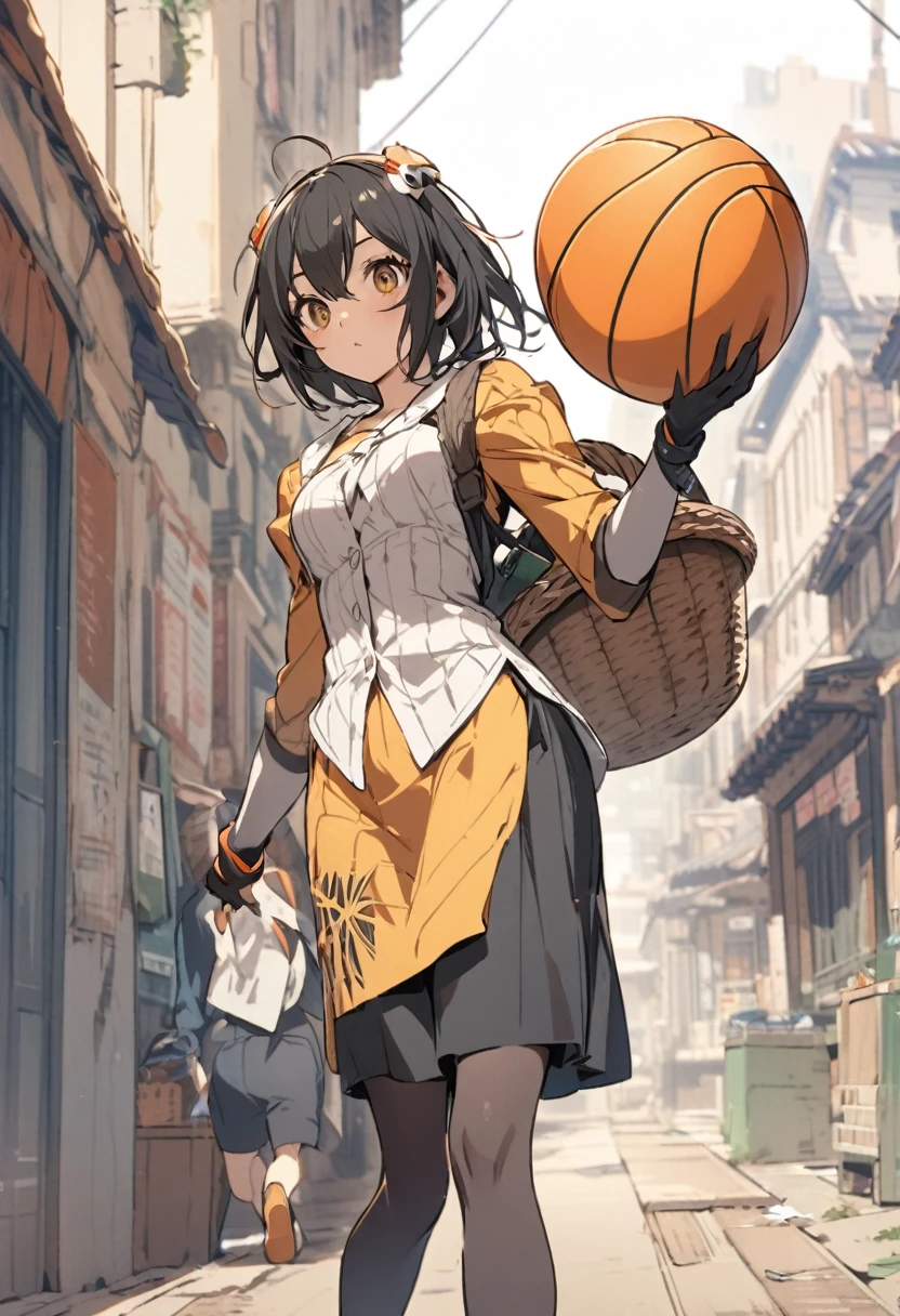 Spider Girl carrying a basket ball and a book
