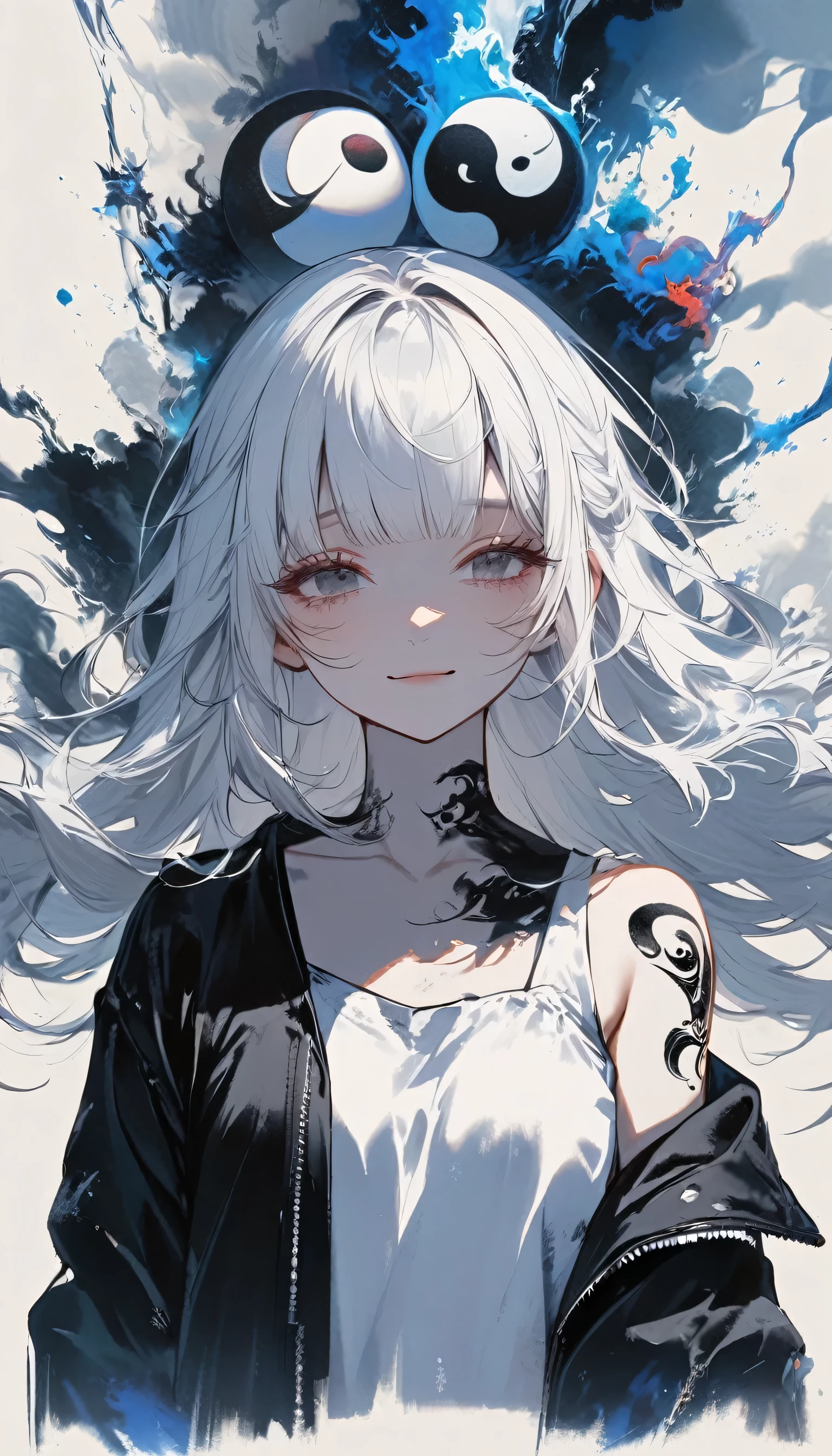 1girl, kawaii, melancholy expression, light smile, long hair, bangs, long cropped bangs hide both eyes, bare shoulders, jacket, upper body, white hair, blunt bangs, off shoulder, open jacket, black jacket, hair over eyes, arm tattoo, shoulder tattoo, Around the girl are splashes of black and white paint or ink that reflect the colors of the yin-yang symbol behind her Smoke and fog intertwined with the paint splashes add to the dramatic effect,
