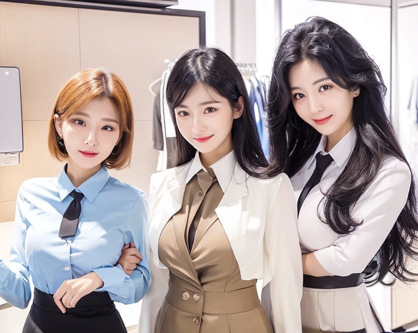 three woman standing next to each other(wearingOffice secretary clothes,Very large breasts, their hair become black hair, their face become beautiful korean face:1.2)
