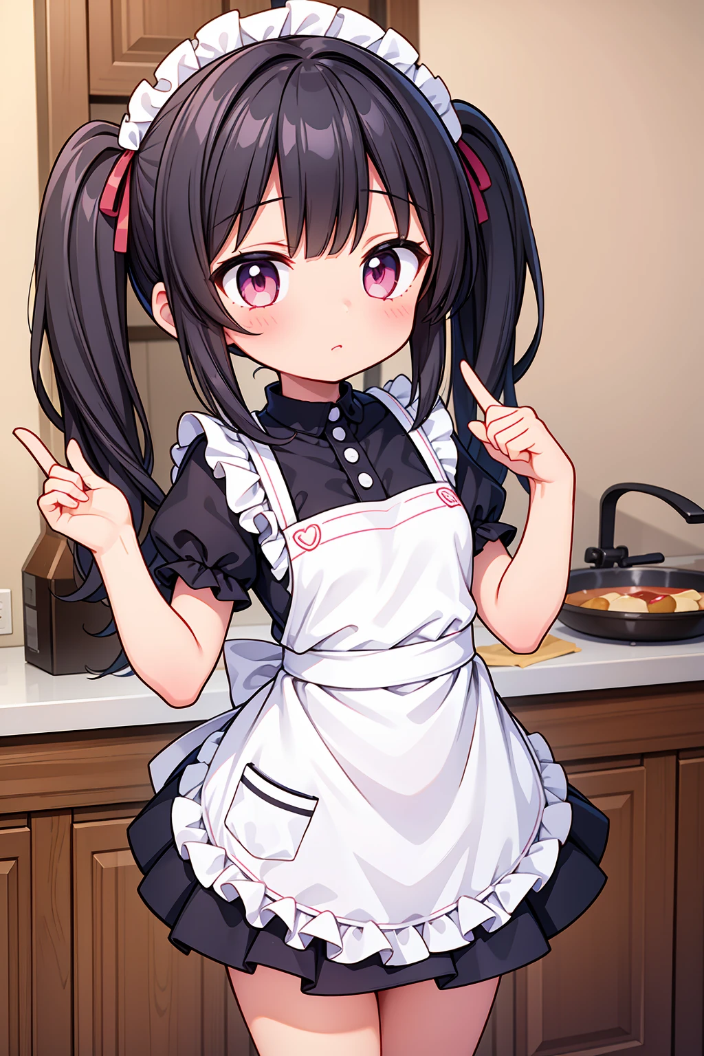 (8K, Highest image quality, highest quality, masterpiece), detailed face, ((****)), ((girl)), (little **** curve), black hair, short twintails, pink eyes, (tiny breasts), (naked apron), cowboy shot, put your hand on your mouth, kitchen background, ((very blushing)), ((detailed hands and fingers)), viewer perspective from below, (blush)