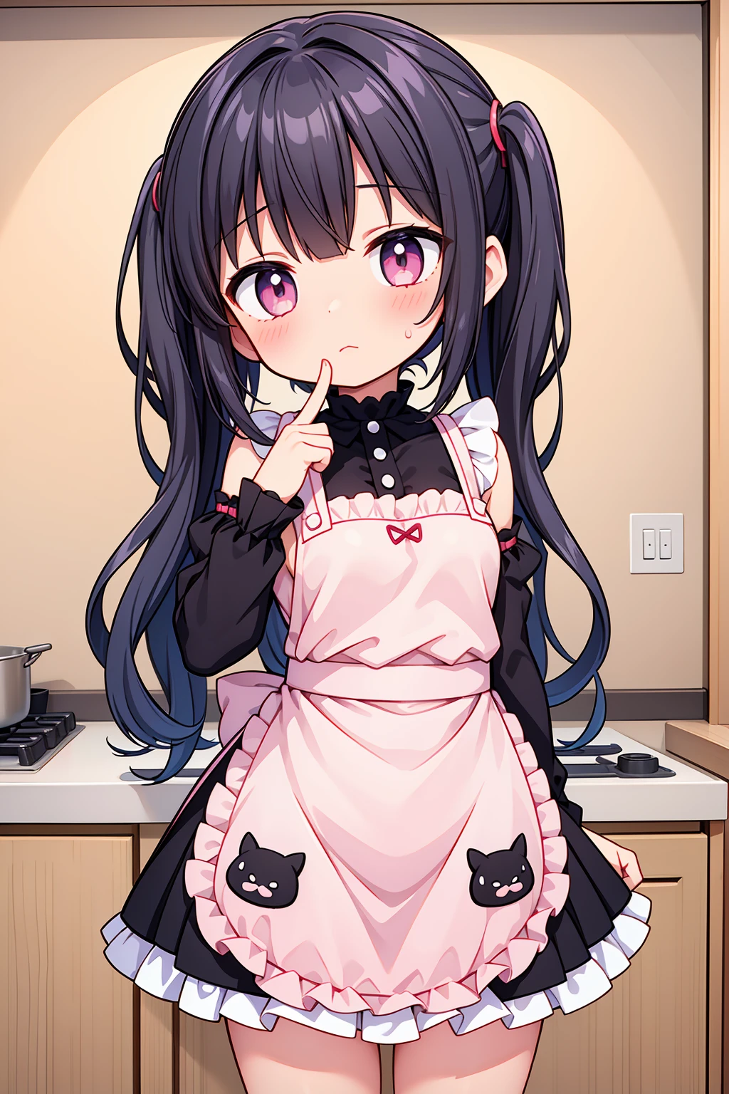 (8K, Highest image quality, highest quality, masterpiece), detailed face, (()), ((girl)), (little lolive), black hair, short twintails, pink eyes, (tiny breasts), (naked apron), cowboy shot, put your hand on your mouth, kitchen background, ((very blushing)), ((detailed hands and fingers)), viewer perspective from below, (blush)