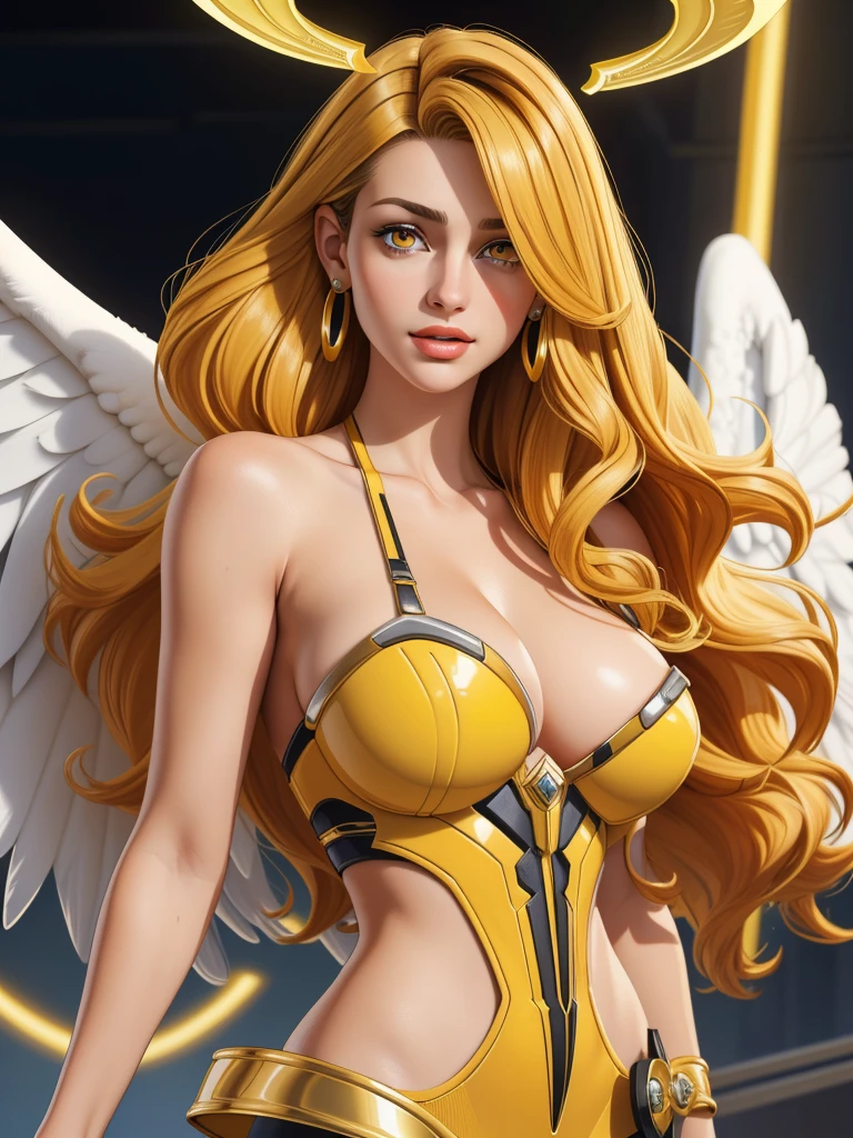 3/4 portrait,fantasy  modelshoot, extremely detailed and realistic (brightly colored digital comic art with stroked outlines), 
beautiful woman huge breasts, asymmetrical breasts, linea alba, angel girl, halo, angel wings, (__derrian/traits/hair/hair_length__, __derrian/traits/hair/hairstyle__, __derrian/traits/hair/hair_texture__, __derrian/traits/hair/haircol_mix__:1.2), (yellow eyes:1.2)