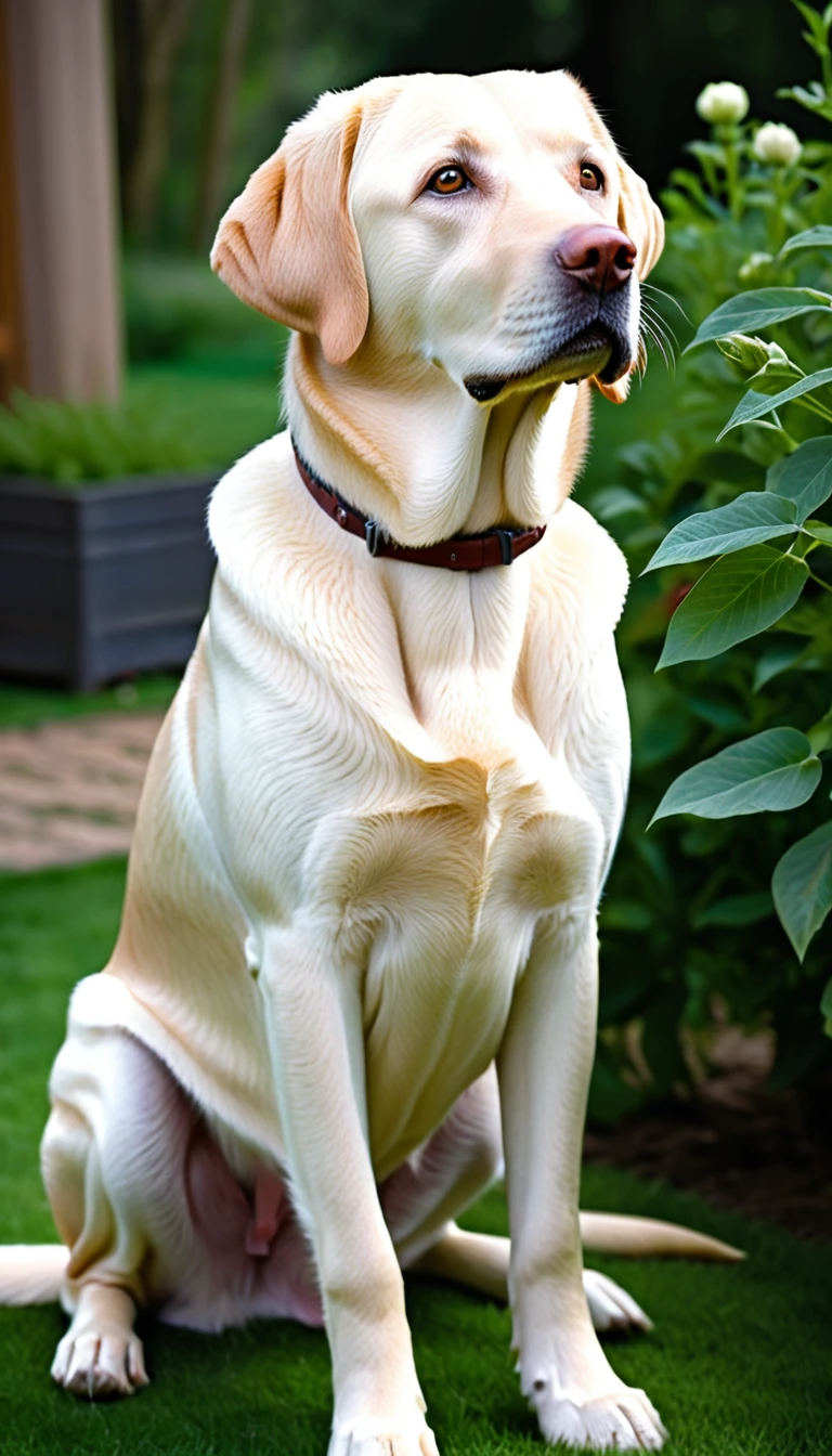 There is no one, realistic photo, photo realism, realism, Labrador Retriever (Labrador Retriever), perfect composition, intricate details, Very sharp, masterpiece, profile, high resolution, looking at the viewer, Full body photo in garden background