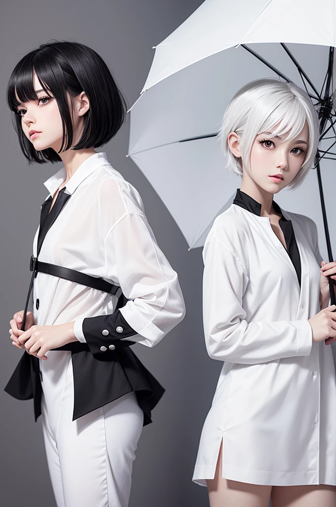 1 character, 2d masculino, anime style, white clothes with black details, short white hair like a girl and a feminine face, uses a white umbrella, stylish umbrella, simple art, no realism, Simple sketch, 4 poses