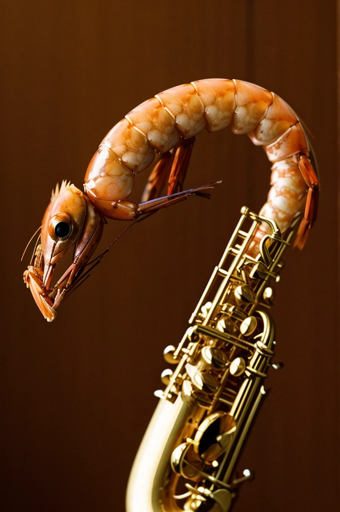 Create the image of a shrimp playing the saxophone
