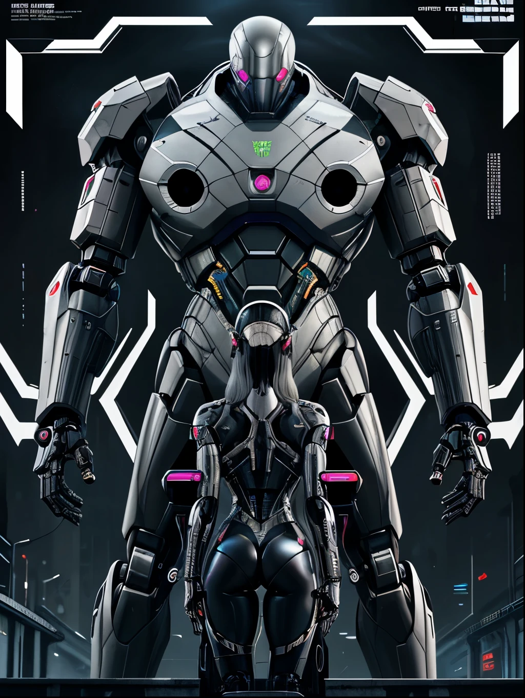 Cybernetic Revolutionaries, european male, magazine cover, poster art , Lovecraftian horror robot, bold huge text, matted design layout, strong, bold inking techniques, Metallic Silver and Gunmetal Gray: These colors are often used to represent the metallic components of cyborgs, giving them a sleek and futuristic appearance.