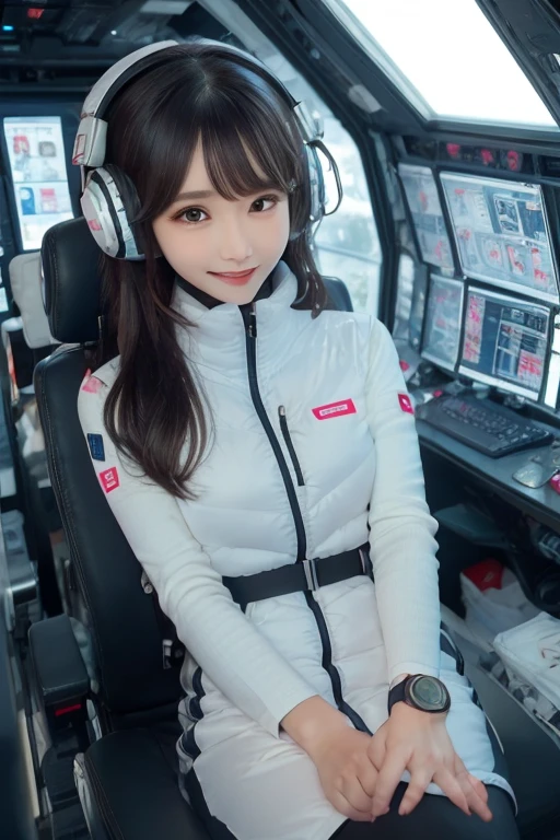 masterpiece, Highest quality, Very detailed, 8K Portrait,Japanese Android Girl,plump , Control panel,Robotic arms and legs, Blunt bangs,,break (Metallic Gray, Metallic luster, Mirror finish, Astro Best):5,headphone:5,break (Black sleeves):100,Smart Watches,Futuristic space station,Control Room,break headphone,blue eyes,(Black Hair):2,(Long Hair):1.3,Displaying the viewer,(respirator),break blush:3,Hidden Hand,smile