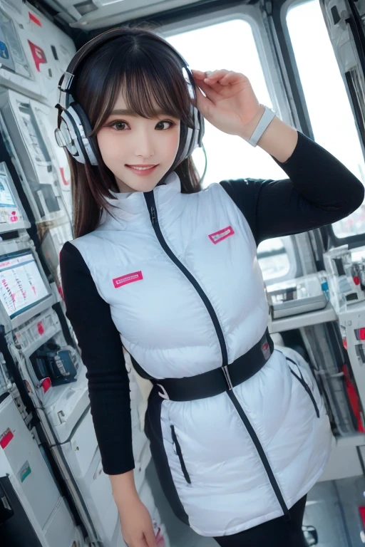 masterpiece, Highest quality, Very detailed, 8K Portrait,Japanese Android Girl,plump , Control panel,Robotic arms and legs, Blunt bangs,,break (Metallic Gray, Metallic luster, Mirror finish, Astro Best):5,headphone:5,break (Black sleeves):100,Smart Watches,Futuristic space station,Control Room,break headphone,blue eyes,(Black Hair):2,(Long Hair):1.3,Displaying the viewer,(respirator),break blush:3,Hidden Hand,smile