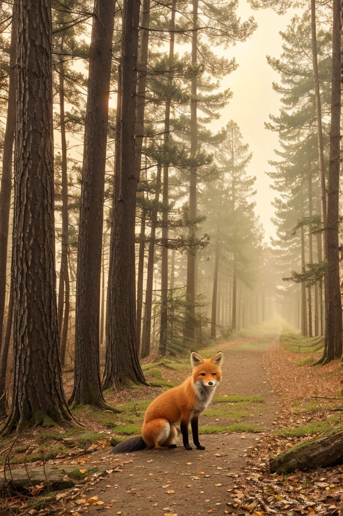 Generate a vintage-style illustration of a serene forest scene divided into vertical sections, each with a slightly different background texture to create a worn, rustic look. The image should feature tall, dark evergreen trees in a staggered pattern, with a textured appearance to give a weathered effect. The background should be a muted, off-white color. In the upper right corner, include a bright, orange-red sun, partially obscured by the trees. At the bottom of the image, place a small, detailed fox sitting calmly and looking towards the viewer. Ensure the overall style evokes tranquility and nostalgia, with a focus on the distressed texture and division into vertical sections.