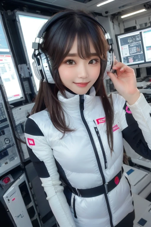 masterpiece, Highest quality, Very detailed, 8K Portrait,Japanese Android Girl,plump , Control panel,Robotic arms and legs, Blunt bangs,,break (Metallic Gray, Metallic luster, Mirror finish, Astro Best):5,headphone:5,break (Black sleeves):100,Smart Watches,Futuristic space station,Control Room,break headphone,blue eyes,(Black Hair):2,(Long Hair):1.3,Displaying the viewer,(respirator),break blush:3,Hidden Hand,smile