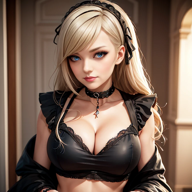 (score_9,score_8_up,score_7_up), source_anime, Gothic blonde ta, cleavage, midriff, perfect eye color, long hair; sexy, cute, zPDXL2, being bored. 1girl, black chocker