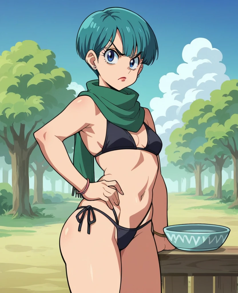source_anime, score_9, score_8_up, score_7_up, anime screencap,8k, absurd res, bulma, 1girl, solo, looking at viewer, short hair, ((((bowl cut)))), blue eyes, jewelry, blue hair, earrings, outdoors, sky, sleeveless, day, cloud, scarf, :o, bracelet, tree, background white, bikini, green neckwear, eyelashes, makeup, bikini, angry face, Big , lipstick, dark bikini, looking at the viewer, Whole body, tanga, hands on hip