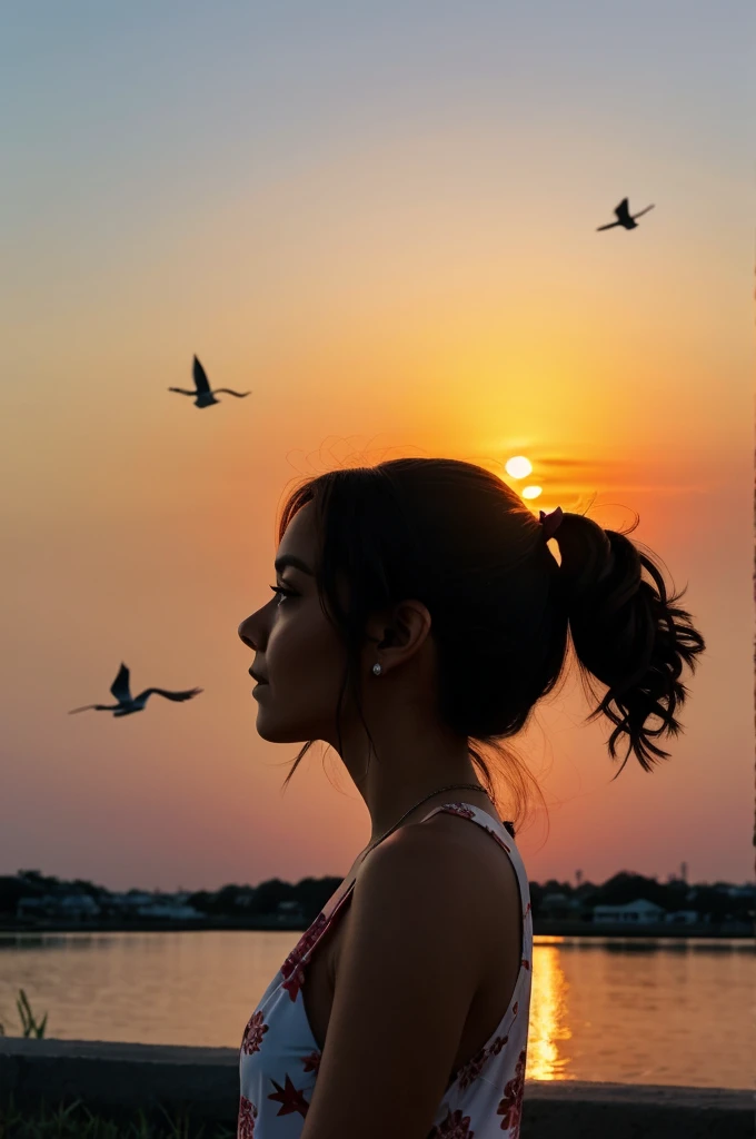 A woman in profile wearing summer clothes looking at the sky, while a sunset occurs in the background with several birds.