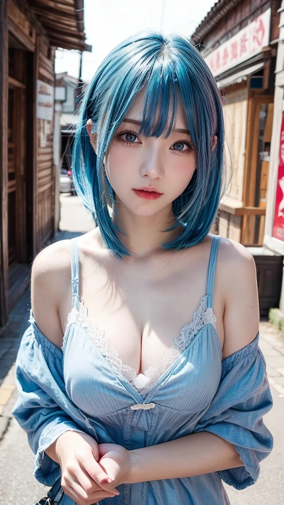 best quality、covering chest by hand、medium breasts、Blue Hair、In town