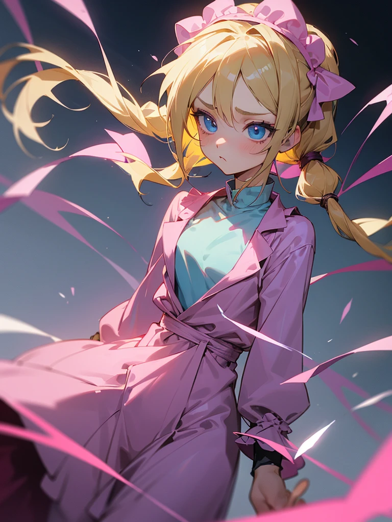 A young girl with dull blonde hair, hairstyle in two low pigtails adorned with faded pink ribbons. Her blue eyes, although once resplendent, now they reflect a deep melancholy and sadness. Designed in the style of Dragon Ball Z, She wears a pink jumpsuit dress that, although nice, It doesn&#39;t seem to bring him joy.. Wear a pink hat as an accessory, slightly twisted, adding a touch of carelessness to your appearance. The scene takes place in his room, a small, dark space, with curtains that barely let in the daylight. The walls are bare and gray, with just a couple of old and torn posters. The bed is unmade, with wrinkled bedspreads and scattered pillows. The girl is sitting on the floor, huddled against a wall, holding her white cat with green eyes in her arms. The cat, in contrast to the sadness of the environment, seems to be your only consolation, looking at her with eyes full of understanding and affection. The scene should capture the iconic style of the anime, but with a focus on the depressing atmosphere and the emotional connection between the girl and her cat.