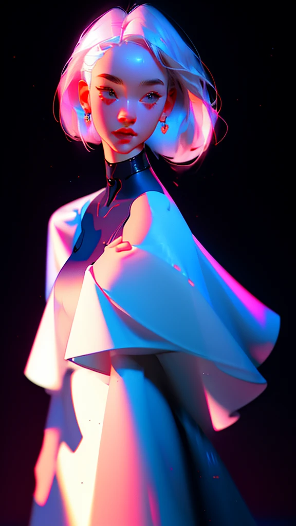 hyper-realistic illustration of the highest quality, The perfect masterpiece, perfect work of art, 8k, (Upper body portrait: 1.5), (((Viewed from the front: 1.2))), close-up lens, delicate face , white-haired woman,(hakuhatsu:1.3),long hair,raising arms(black background:1.3),dancer pose,bare chest dress,white dress,pearl illusion,cyberpunk,fashion trend,3s material, high definition,detailed rendering,c4d,3d,octane rendering,ray tracing,complex details,neon lights,animated lighting,OCRenderer,8k