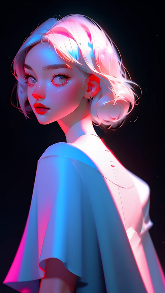 hyper-realistic illustration of the highest quality, The perfect masterpiece, perfect work of art, 8k, (Upper body portrait: 1.5), (((Viewed from the front: 1.2))), close-up lens, delicate face , white-haired woman,(hakuhatsu:1.3),long hair,raising arms(black background:1.3),dancer pose,bare chest dress,white dress,pearl illusion,cyberpunk,fashion trend,3s material, high definition,detailed rendering,c4d,3d,octane rendering,ray tracing,complex details,neon lights,animated lighting,OCRenderer,8k