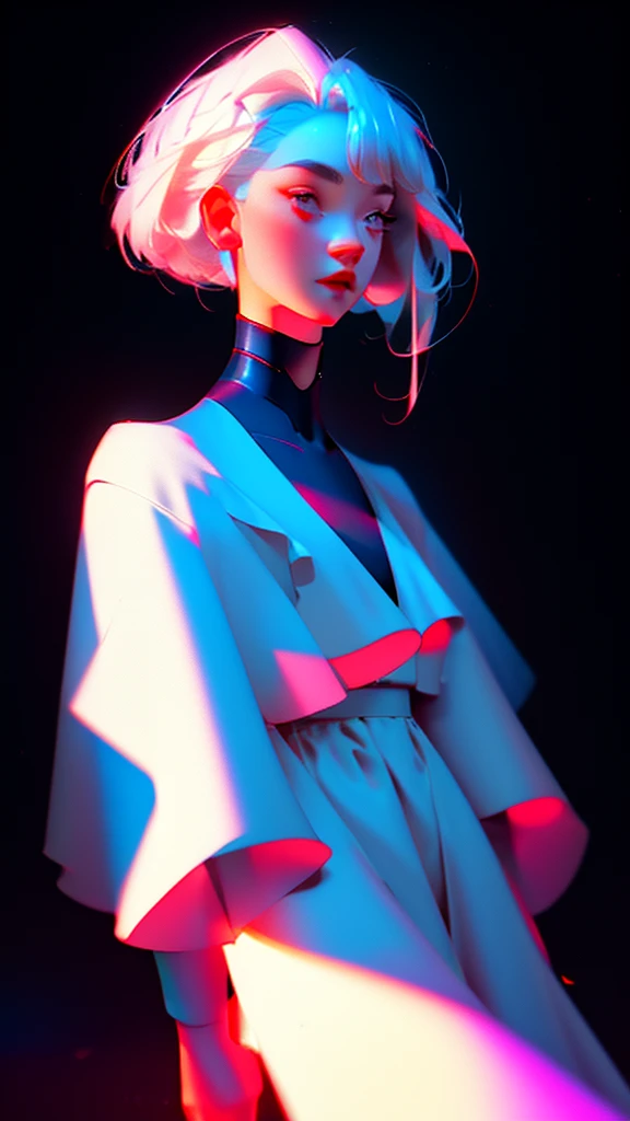 hyper-realistic illustration of the highest quality, The perfect masterpiece, perfect work of art, 8k, (Upper body portrait: 1.5), (((Viewed from the front: 1.2))), close-up lens, delicate face , white-haired woman,(hakuhatsu:1.3),long hair,raising arms(black background:1.3),dancer pose,bare chest dress,white dress,pearl illusion,cyberpunk,fashion trend,3s material, high definition,detailed rendering,c4d,3d,octane rendering,ray tracing,complex details,neon lights,animated lighting,OCRenderer,8k