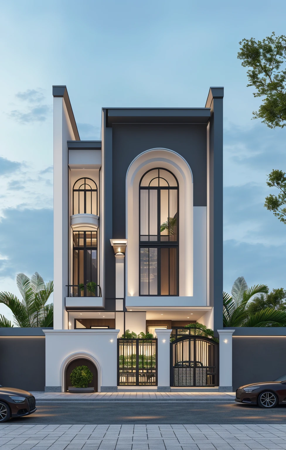 PLATFORM KTHOUSE, 1 morden villa, main material of villa about build color wall:1.2 glass panel:1.1 and stone:1.2, 1large yard, 1 road runs in front of the house, (RAW photo, real, best quality, masterpiece:1.2), look morden minimalist, 1 road in front of the house, dynamic lighting:1.3, (hyper realistic, photo-realistic:1.2), high quality, (dark lighting:1.2), perfect lighting, archdaily, no human