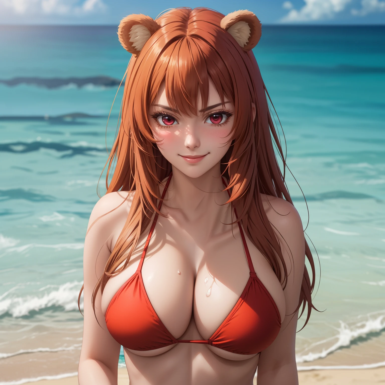 Woman 30 years old, orange hair , red eyes like rubies, sharp eyes, cocky smile, smug expression,, bear ears, big breasts, red bikini , drops of water on his chest, background a beach. big breasts, playa tropical, blush. whole body. hands behind head. hands behind head.