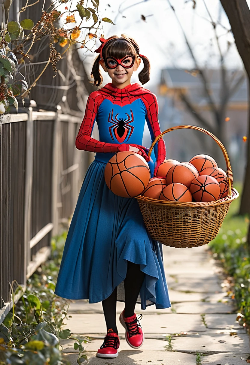 Spider Girl carrying a basket ball and a book 