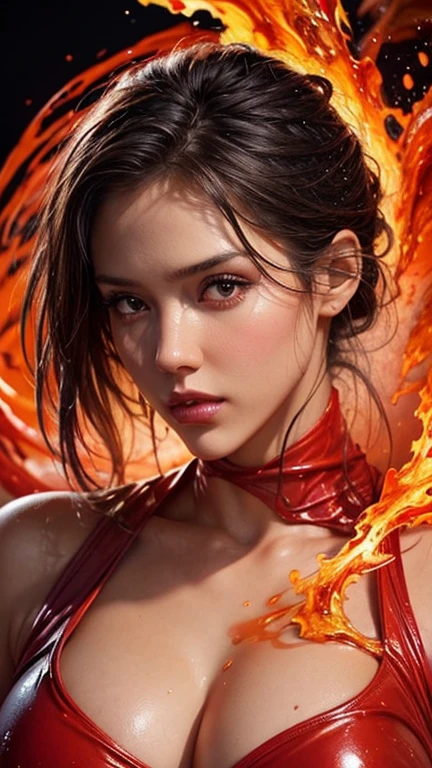 a digital painting of a beautiful attractive woman naked covered in spiral of splashing liquid fire red jumpsuit , a hyperrealistic painting, figurative art, in red paint, red orange liquid, character is covered in fire liquid, fantasy art ,elegance pose, beautiful round breasts, large breasts ,medium close up shot, lighting clear and soft effect , black background
