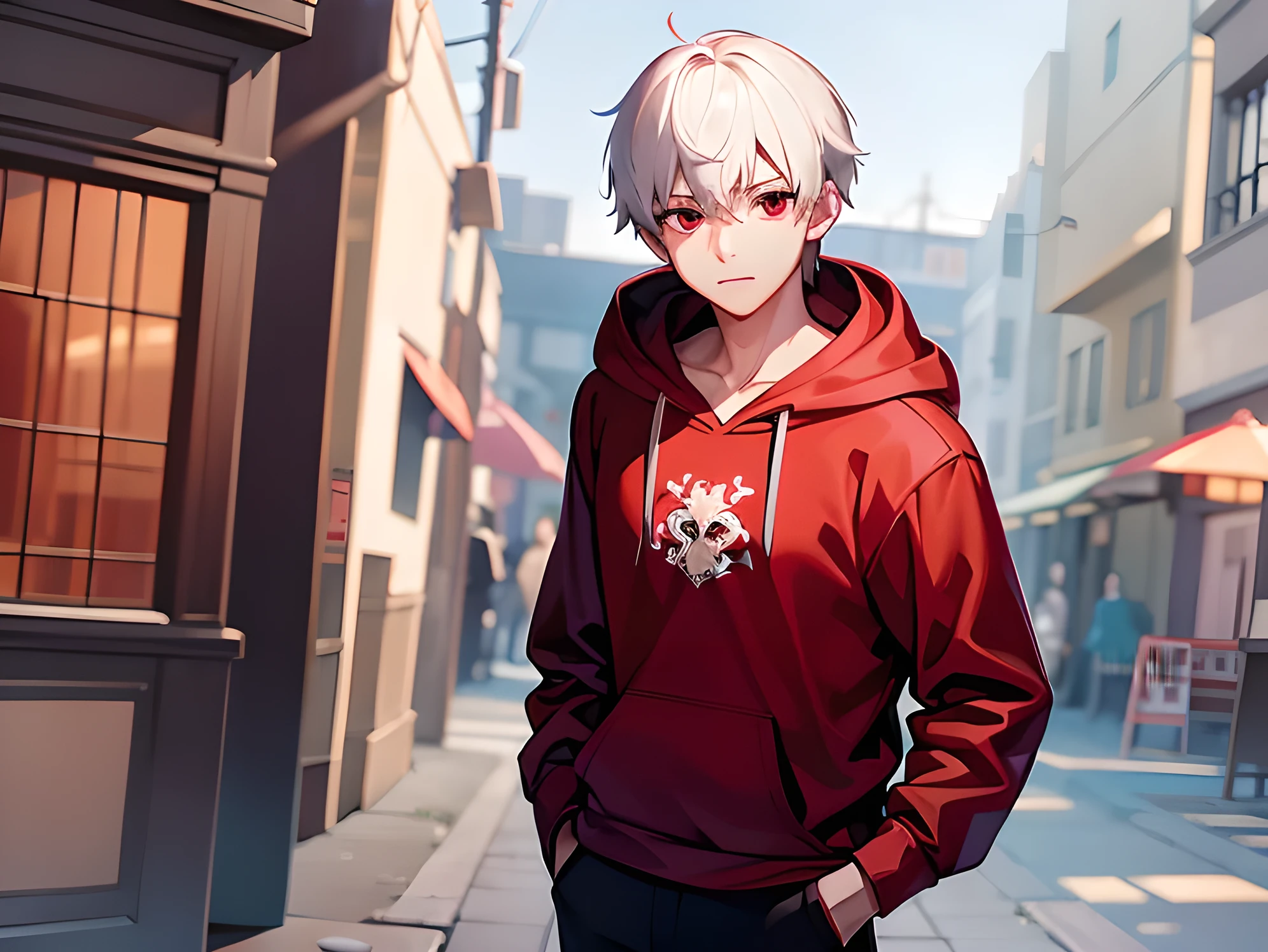 A young man with short white hair, red eyes. Wearing a red hoodie with purple details. He is standing, looking to the side. Dungeons and Dragons art direction, studio ghibli Style